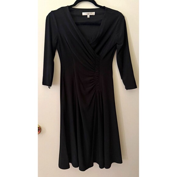 Evan Picone Dresses & Skirts - Evan Picone Womens Petite Black V-Neck Ruched Stretch Dress 3/4 Sleeve 4P